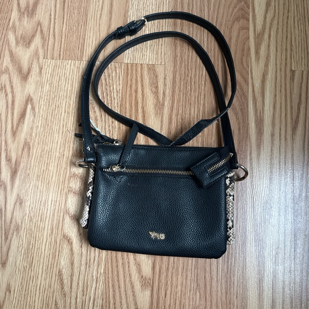 Black Crossbody Bag with Snake-Trim Accents